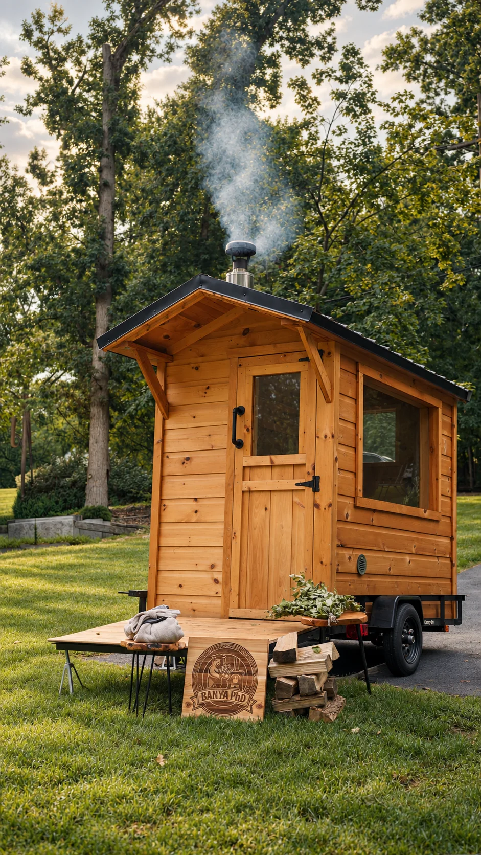 A closer view of the smoking sauna, with its bear sign and neatly stacked firewood