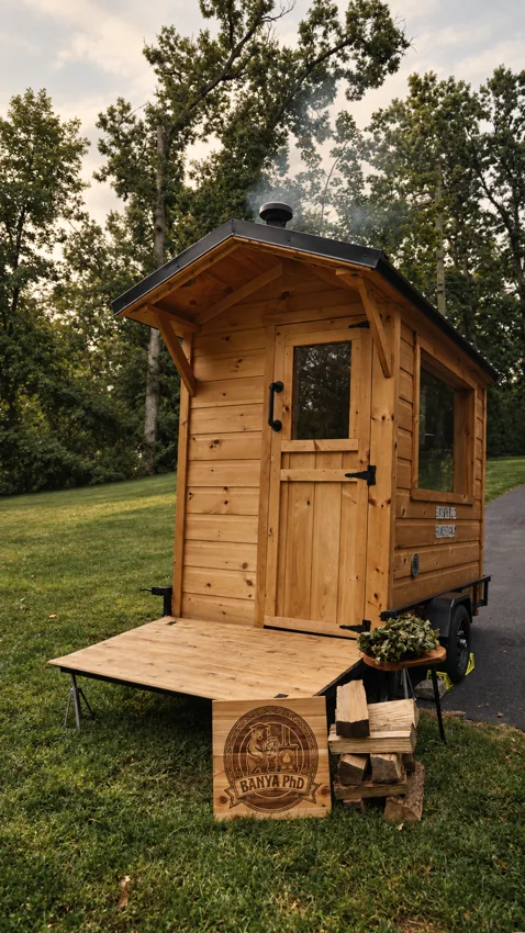 The wooden mobile sauna and its bear sign in a green setting