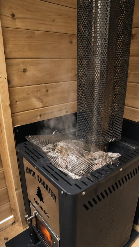 Hot stones and chimney guard above a wood-fired stove