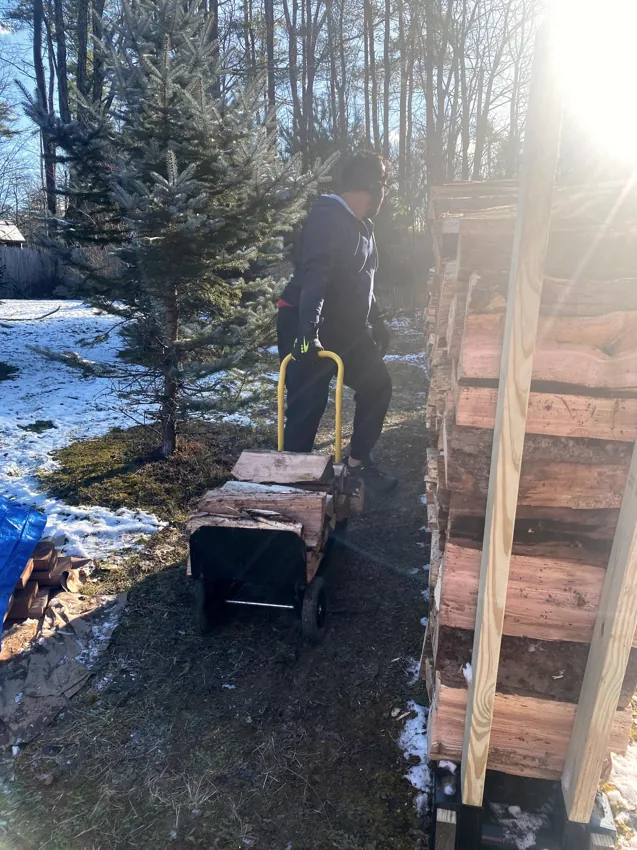 Adam moving firewood beside the Woodstock sauna project